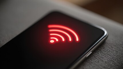 Smartphone displaying red wifi signal digital communication modern technology minimalist environment close-up view connectivity issues
