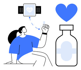 Woman holding a capsule, wearing a smartwatch with heart rate tracker, and connected heart symbol. Includes a medication bottle. Ideal for technology, healthcare, fitness, wellness, monitoring