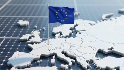 A 3D rendered map of Europe on a solar panel background with the European Union flag. Symbolizes sustainable energy, EU green policy, and renewable power across Europe. - Powered by Adobe