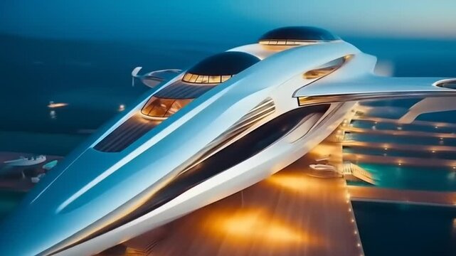 Futuristic airship docked at nighttime waterfront city