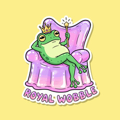 Cartoon frog wearing crown holding magic wand lounging on plush chair text Royal Wobble animal king queen