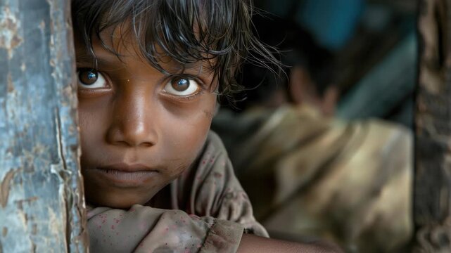 A young boy looking out from a windowless room, possibly an abandoned building or slum dwelling.