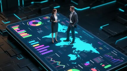 Global business professionals analyze interactive digital data, maps, and charts on a large screen, symbolizing market analytics, worldwide connectivity, and future tech. - Powered by Adobe