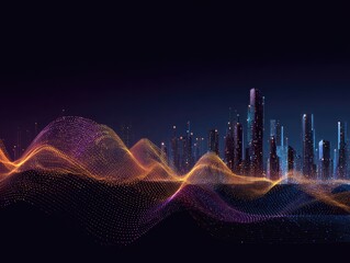 Glowing cityscape with wavy dotted lines in purple and orange against a dark blue gradient background