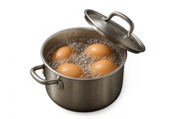 Four brown eggs boiling in metal pot with transparent background