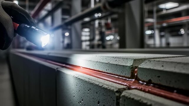 Handheld flashlight reveals detailed examination of firestop sealant adhesion along concrete joint edges in industrial facility.