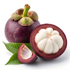 Close up shot of mangosteen fruit with leaves on a white background and sliced open fruit
