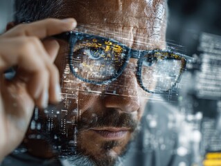 Man adjusts glasses digital data overlays the scene reflecting off the lenses Focused gaze suggests concentration