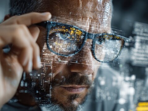 Man adjusts glasses digital data overlays the scene reflecting off the lenses Focused gaze suggests concentration