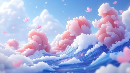 A serene landscape featuring pink clouds and waves, evoking a dreamy atmosphere.
