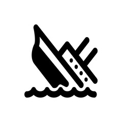 A black and white illustration of a sunken ship with visible masts and a wavy water line beneath it all