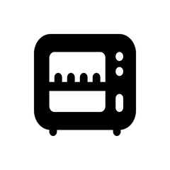 A black and white illustration of a microwave oven with knobs and a shelf inside containing food items