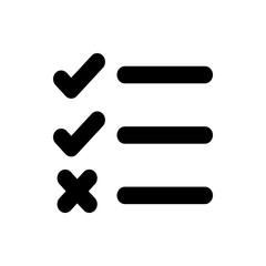 Illustration showing two check marks one x mark and three horizontal lines in black and white color scheme