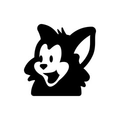 Cartoonish black and white animal face with large ears, small nose, and open mouth displaying happiness