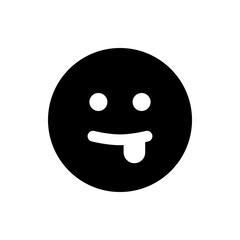 Black circular smiley face with two white eyes and a tongue sticking out on a white background design