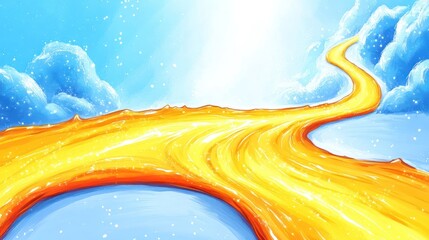 A vibrant, winding golden path leads through a bright, serene sky with fluffy clouds.