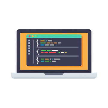 Open laptop illustration showing colorful programming code lines on dark screen
