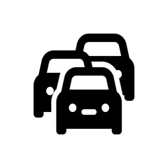 Three black cars are closely following each other on a road represented in a simple graphic design style