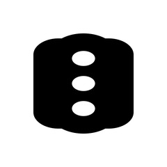Black rounded rectangle with decorative edges containing three vertically aligned white circles inside it