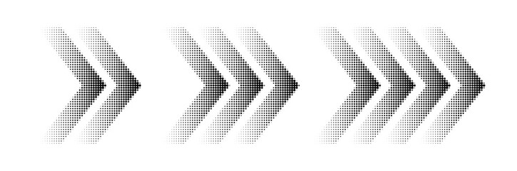 Halftone arrows, graphic pointers set, dynamic symbols with speed effect. Modern design element with stylized texture. Vector illustration. © Likanaris