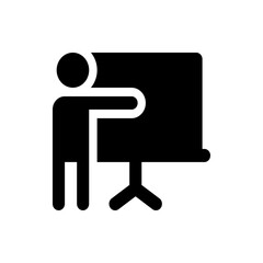 A simplified black silhouette of a person presenting at a board with a stand in a minimalist style image