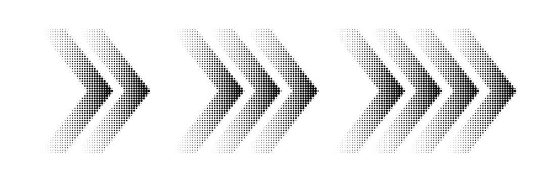 Halftone arrows, graphic pointers set, dynamic symbols with speed effect. Modern design element with stylized texture. Vector illustration.