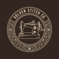 Vintage sewing machine logo for Golden Stitch Co.  Elegant design with floral details.