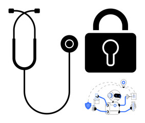 Stethoscope, padlock, and robot highlighting healthcare security, technology, artificial intelligence, data privacy, medical systems, digital innovation, and protected information in simple flat