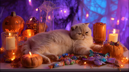 Persian Cat with Pumpkins and Candles in Halloween Atmosphere