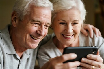 A happy and affectionate senior couple looking at a smartphone together, sharing a joyful moment and smiling.