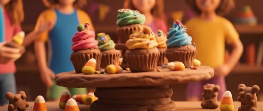 Crooked clay snack table laden with lopsided cupcakes and candy corn that wobble and hop as party guests reach for sweets