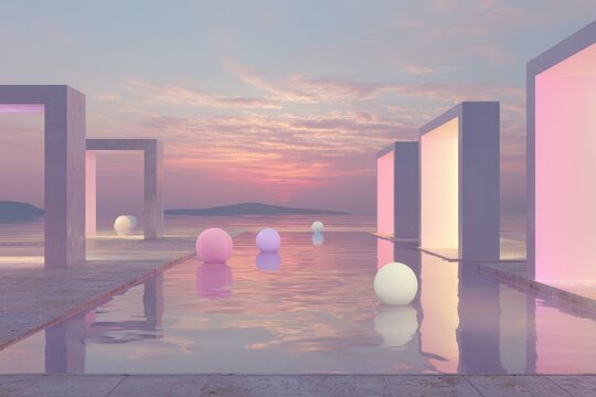 Futuristic outdoor art installation with glowing geometric spheres and illuminated rectangular structures reflecting on a calm water surface at sunset