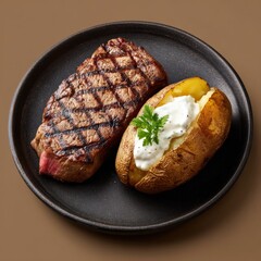 Juicy grilled steak served with baked potato topped with sour cream and herbs on a black plate, close-up gourmet meat and potato dish, delicious meal presentation