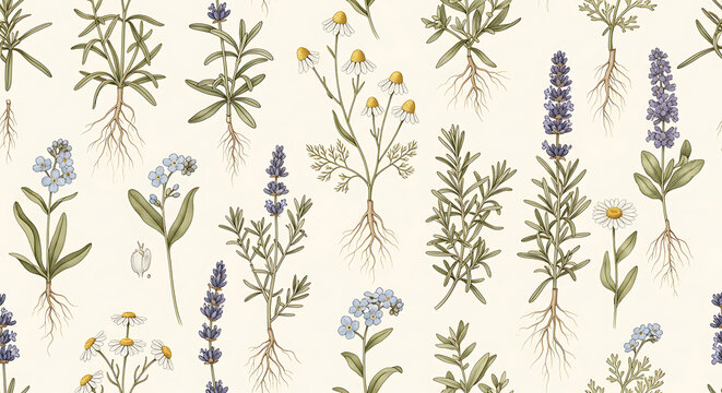 Botanical Illustration of Lavender Chamomile and ForgetMeNot Plants with Roots. - Powered by Adobe