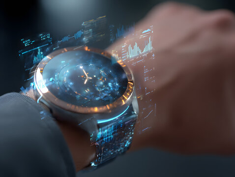 Smartwatch displaying data analytics, modern technology for business insights and productivity