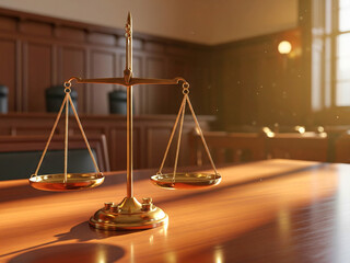 Golden Scales of Justice on a Wooden Desk in a Courtroom