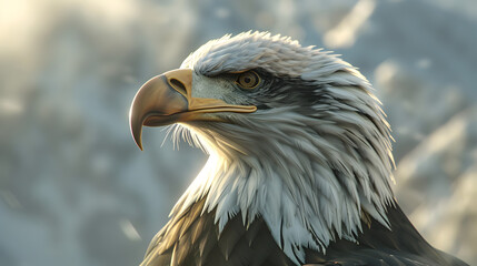 Fototapeta premium Majestic bald eagle head in profile with a snowy, sunlit background.