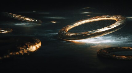 ancient luminous rings spinning slowly in darkness, abstract concept of time erosion, engraved textures fading with age, conceptual temporal artwork, surreal lighting, fine art composition, 