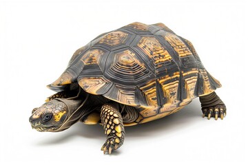 Obraz premium Slow-moving tortoise side view, clean white backdrop, detailed shell texture.