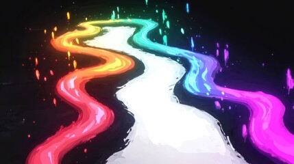 A colorful, swirling path of paint-like streaks against a dark background.