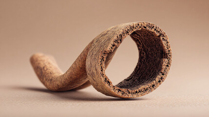 close-up of a single curled cinnamon stick with sharp textured surface, placed on smooth light brown background, rustic minimal composition with ample empty space