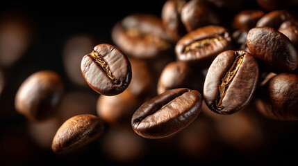 Fototapeta premium Aromatic Coffee Beans: A captivating view of freshly roasted coffee beans, exuding an enticing aroma, artfully captured, inviting the viewer into a world of rich flavour and stimulating essence.