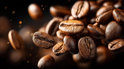 Fototapeta premium Coffee Bean Cascade: A captivating image of roasted coffee beans gracefully suspended in mid-air, showcasing their rich texture and inviting aroma.