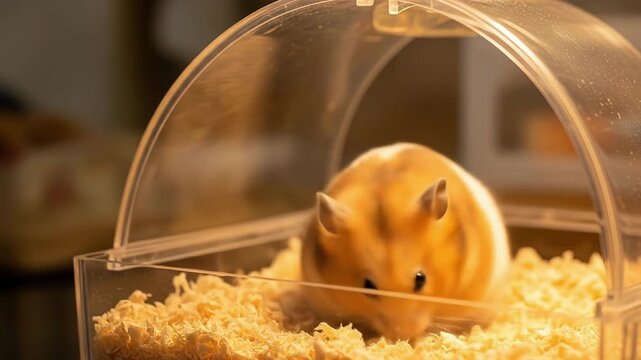 A curious hamster with orange and white fur looks up at a hand offering a small treat inside its clear plastic home
