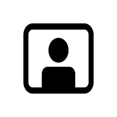 Black and white icon of a person inside a rounded rectangle frame representing user or profile image icon