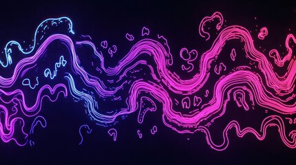 Abstract wavy lines in vibrant pink and blue against a dark background.
