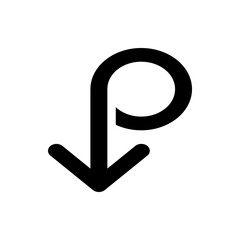 Black arrow icon pointing downwards with a circular loop at the top on a white background design element