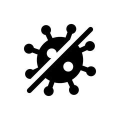 Black silhouette of a virus with protruding nodes crossed out by a thick diagonal line indicating prohibition