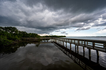 Obraz premium Summer storm cloudscape forming over West Lake boardwalk in Everglades National Park, Florida.