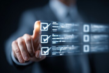 Professional pointing at holographic compliance checklist